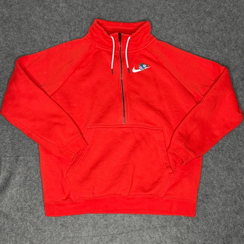 Nike Sportswear Floral Swoosh Quarter Zip Fleece Pullover Red Mens XL Sweatshirt - Picture 1 of 9